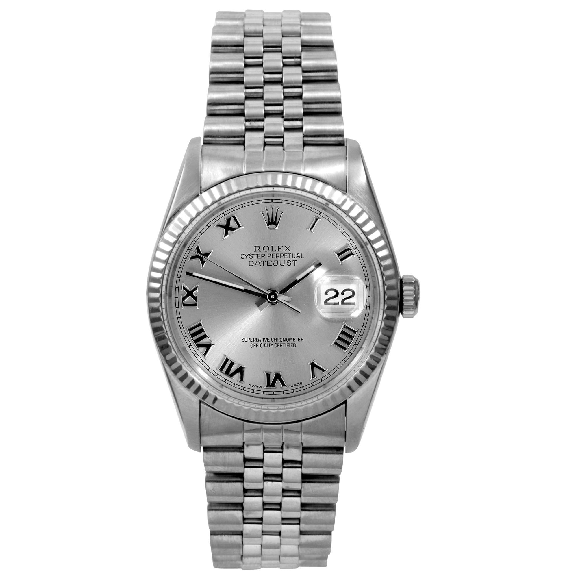 Rolex 36mm Datejust silver Roman numeral fluted steel jubilee In Good Condition For Sale In San Fernando, CA