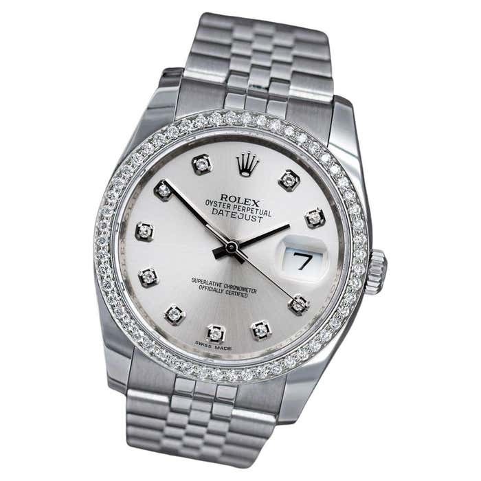 Diamond Dial Part Rolex Datejust SS Factory Silver Diamond Dial with Custom Diamond Bezel ...