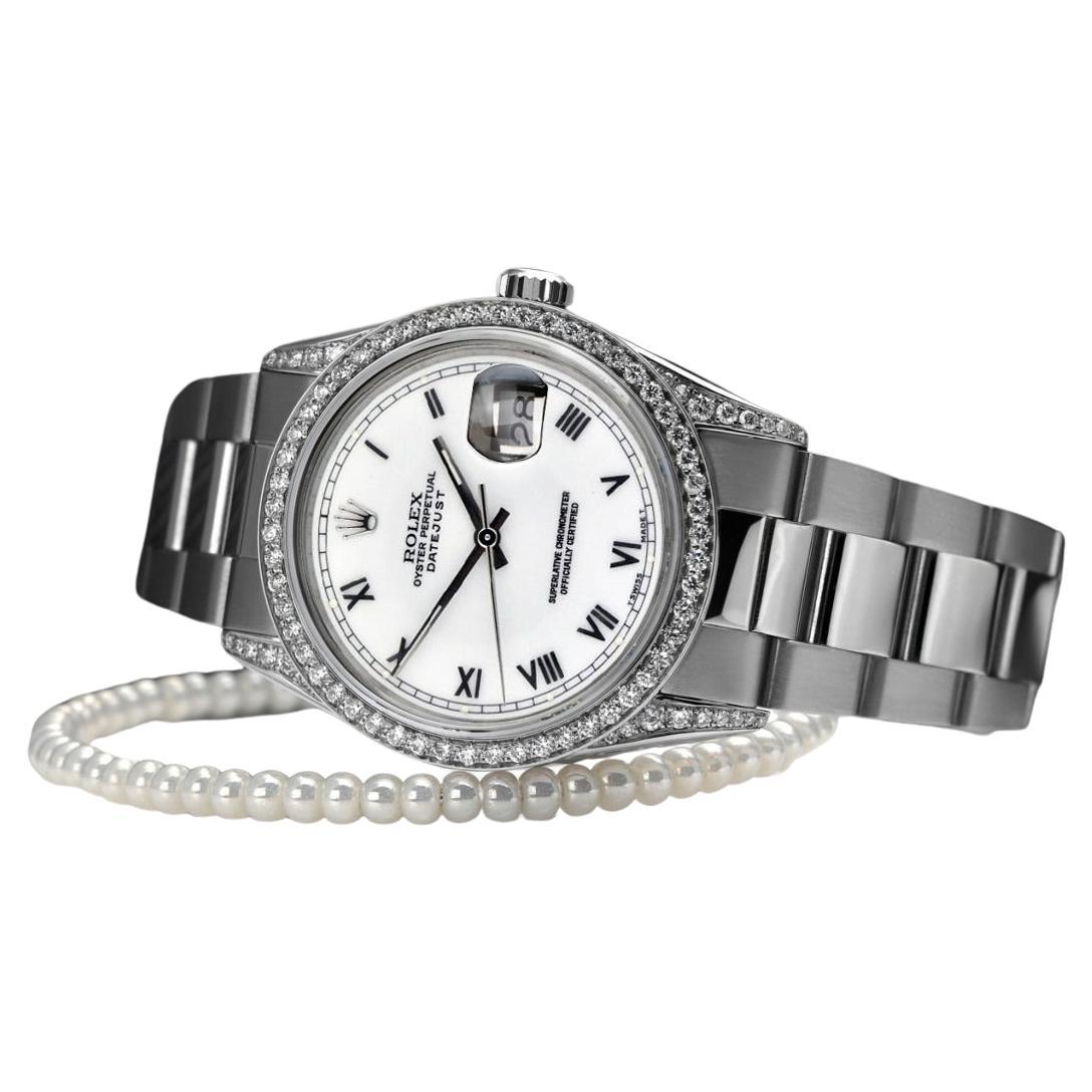 Rolex Datejust SS Natural Diamonds Bezel & Lugs White Roman Dial Watch  For Sale