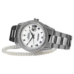 Retro Rolex Datejust SS Natural Diamonds Bezel & Lugs White Roman Dial Watch 