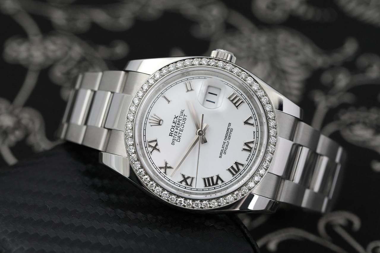 Round Cut Rolex Datejust SS New Style Diamond Bezel, White Roman Numeral Dial 116200  For Sale
