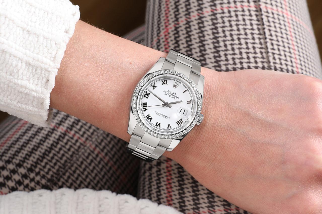 Rolex Datejust SS New Style Diamond Bezel, White Roman Numeral Dial 116200  In Excellent Condition For Sale In New York, NY