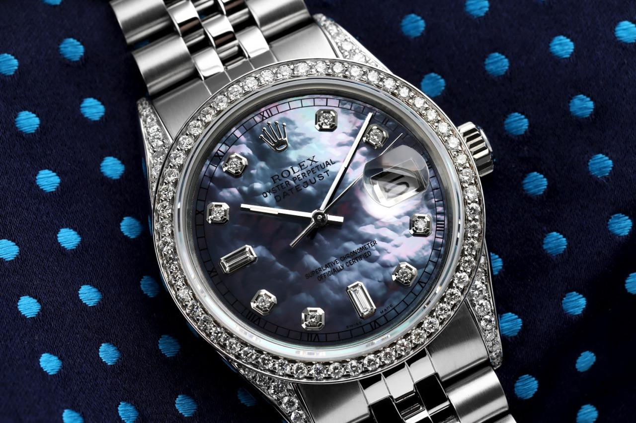 Rolex Datejust SS Tahitian MOP Dial with Diamonds Automatic Watch In Excellent Condition For Sale In New York, NY
