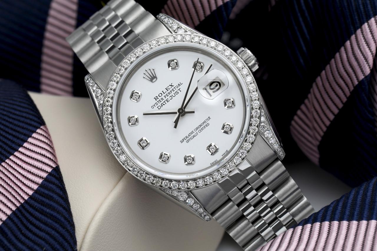 Rolex 36mm Datejust White Diamond Accent Dial Stainless Steel Jubilee Diamond Watch 16014.

This watch is in like new condition. It has been polished, serviced and has no visible scratches or blemishes. All our watches come with a standard 1 year