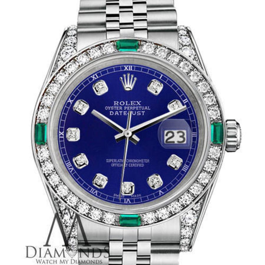 Rolex 36mm Datejust Blue Diamond Dial mit Diamond & Emerald Lünette & Diamond Lugs SS Uhr 16014.