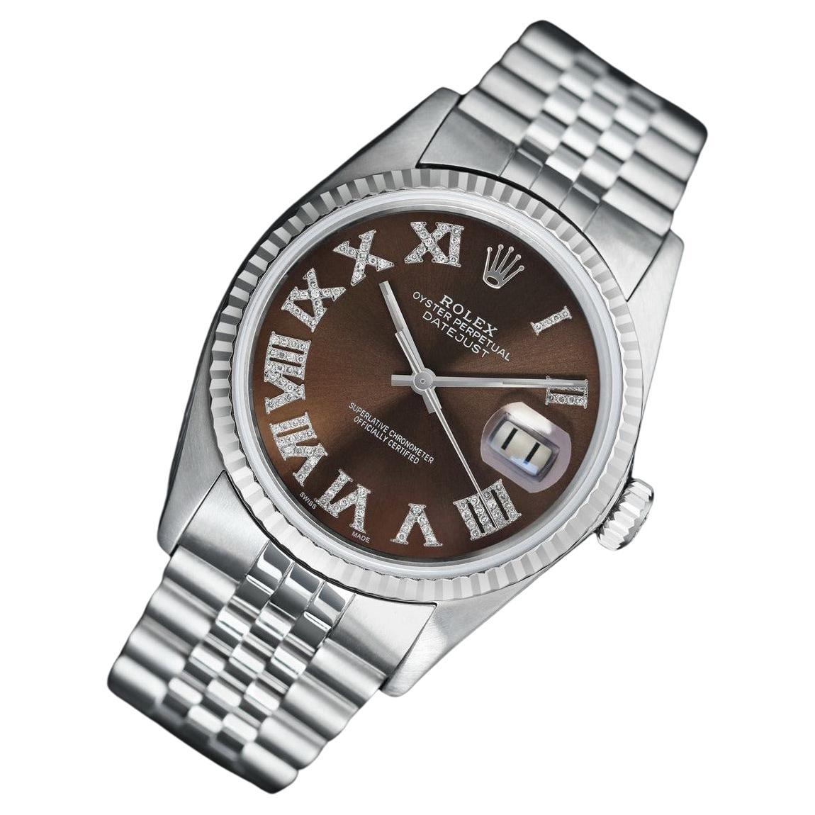 Rolex Montre Datejust SSChocolate 36 mm avec chiffres romains et cadran en diamant 16014 en vente