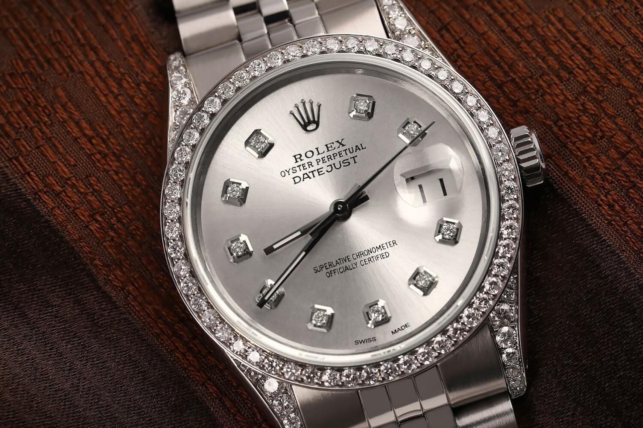 Round Cut Rolex 36mm Datejust Stainless Steel Silver Diamond Dial Diamond Bezel & Lugs  For Sale