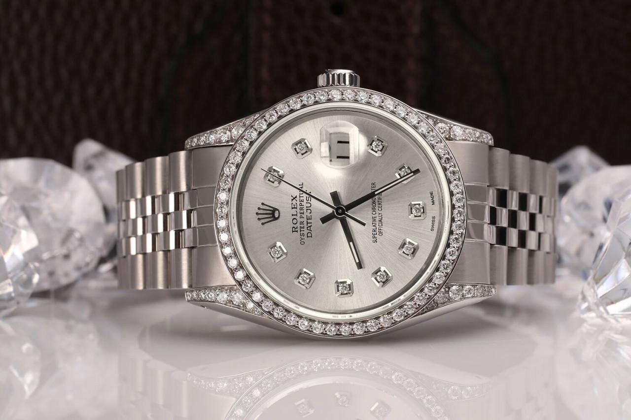 Rolex 36mm Datejust Stainless Steel Silver Diamond Dial Diamond Bezel & Lugs  In Excellent Condition For Sale In New York, NY
