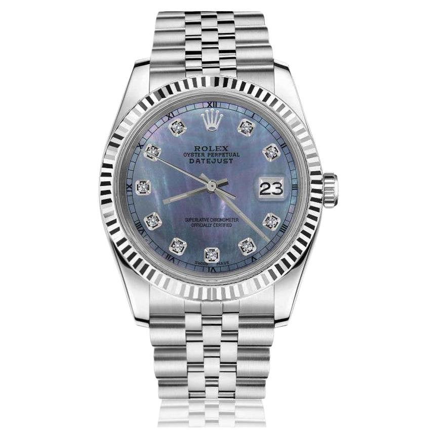 Rolex 36mm Datejust Stainless Steel Tahitian Mother of Pearl Diamond Dial 16030 For Sale