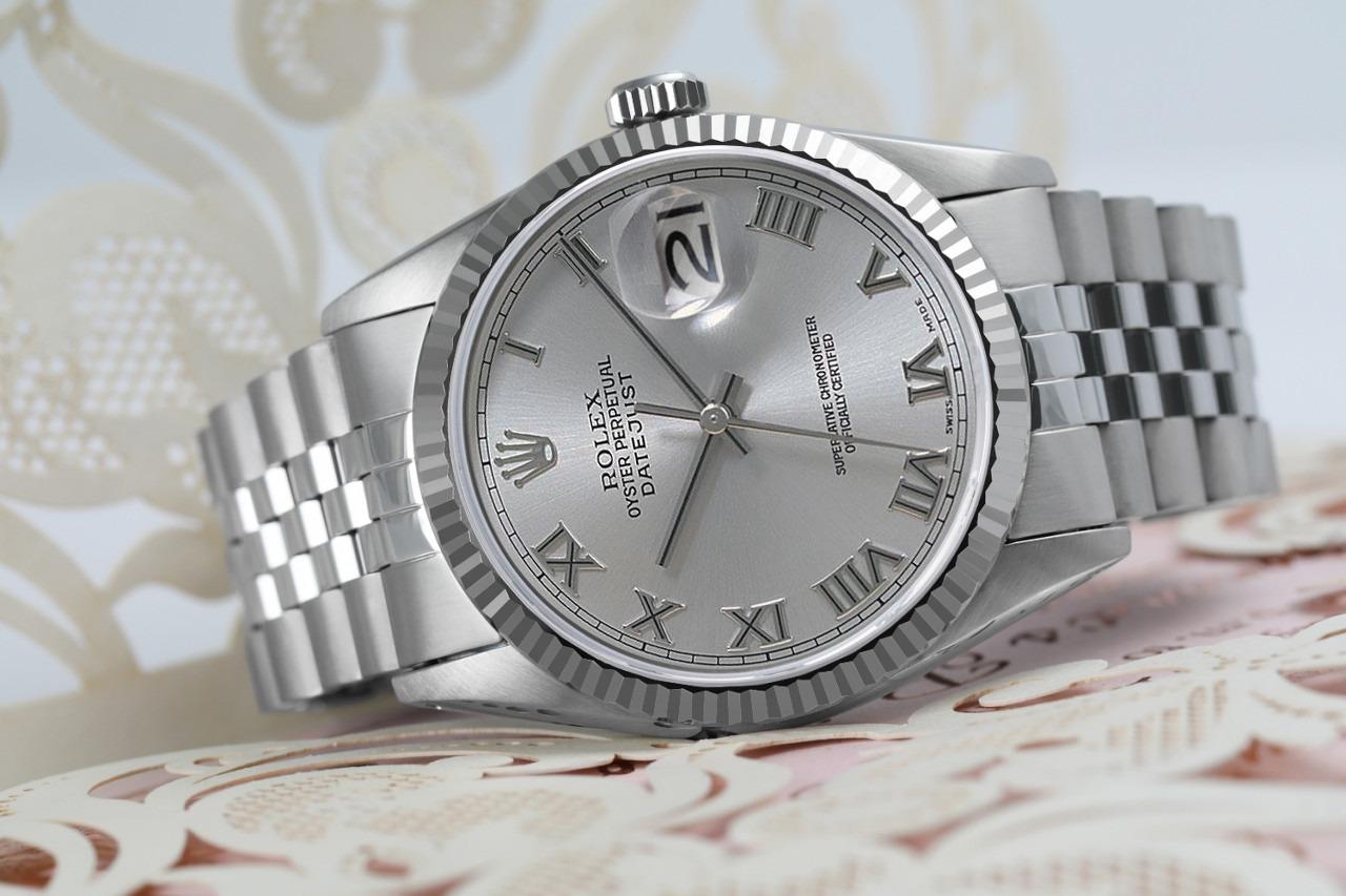 Rolex 36mm Datejust 16030 Stainless Steel Watch Silver Dial with Roman Numerals 
