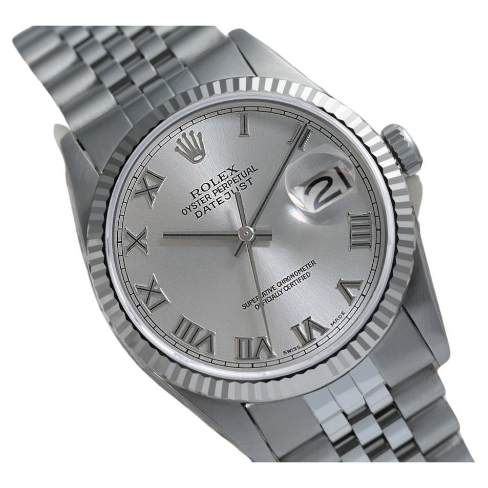 Rolex Montre Datejust en acier inoxydable avec cadran en argent et chiffres romains en vente