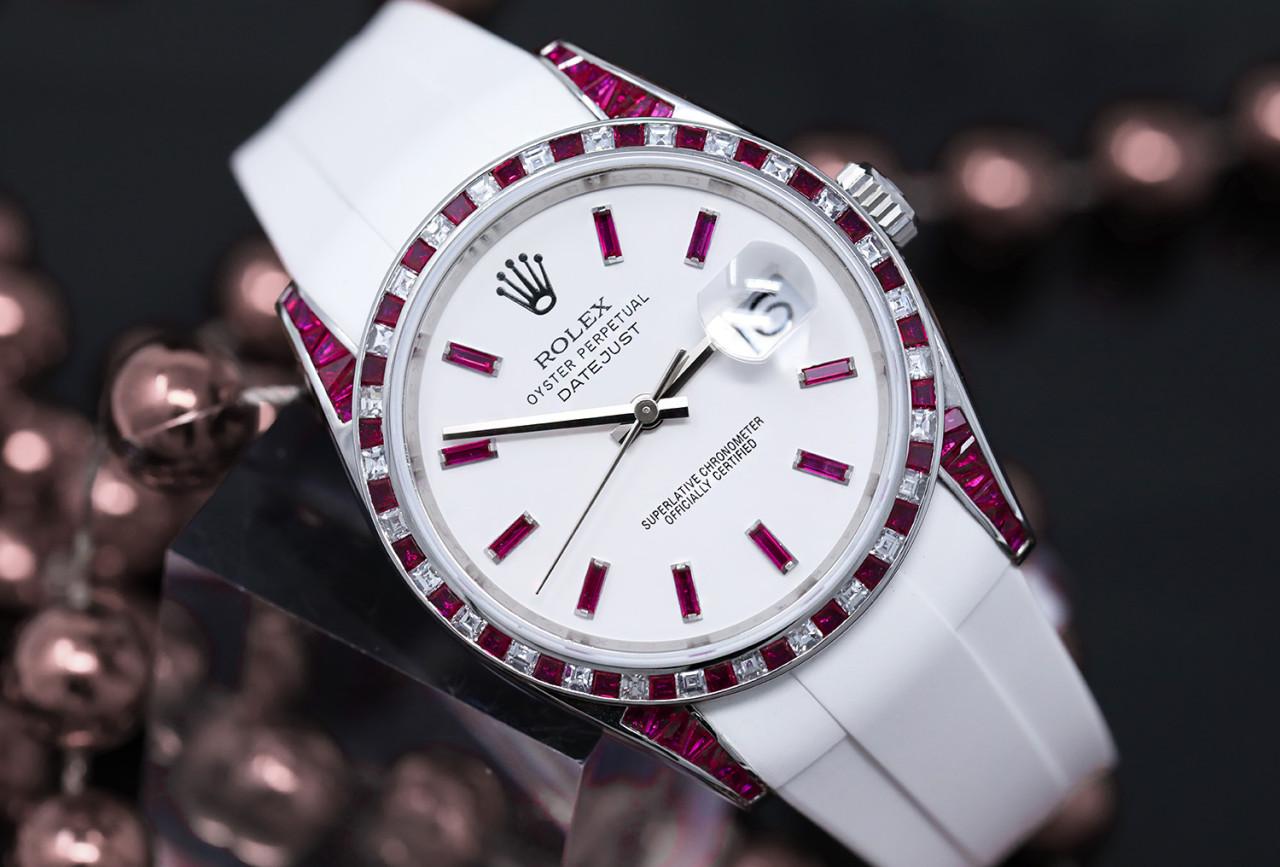 Rolex 36mm Datejust Stainless Steel Watch with Custom Rubies and Diamonds, Rubber Band 116200

This watch is a special order.

Diamonds, rubies and band has been custom added (not by Rolex). Watch is in never worn condition! Unique limited edition.