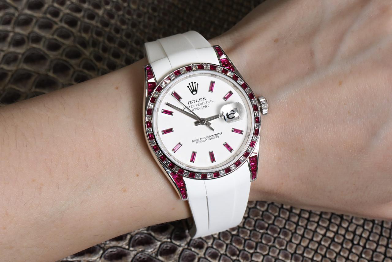 Square Cut Rolex Datejust Stainless Steel Watch with Custom Rubies and Diamonds Watch  For Sale