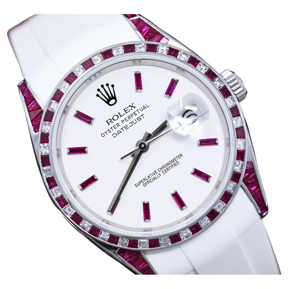 Rolex Datejust Stainless Steel Watch with Custom Rubies and Diamonds Watch  For Sale