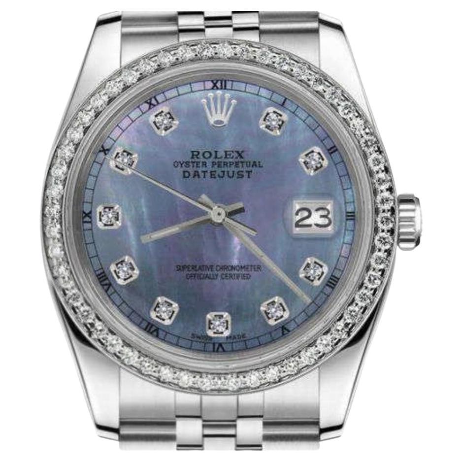 Rolex 36mm Datejust Tahitian MOP Diamond Dial with Roman Track and Diamond  Bezel For Sale at 1stDibs