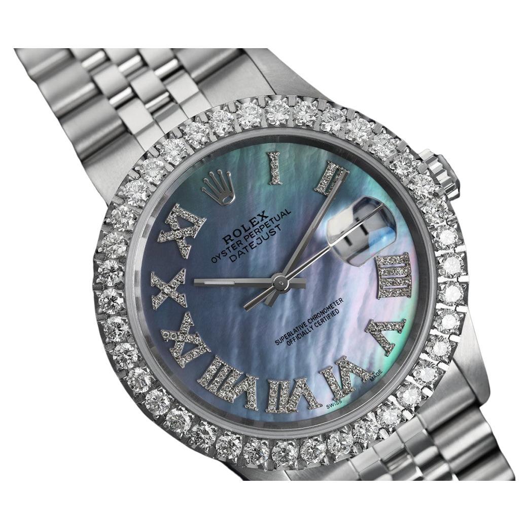 Rolex Datejust Tahitian Pearl Diamond Roman Dial Custom 3ct Diamond Bezel For Sale