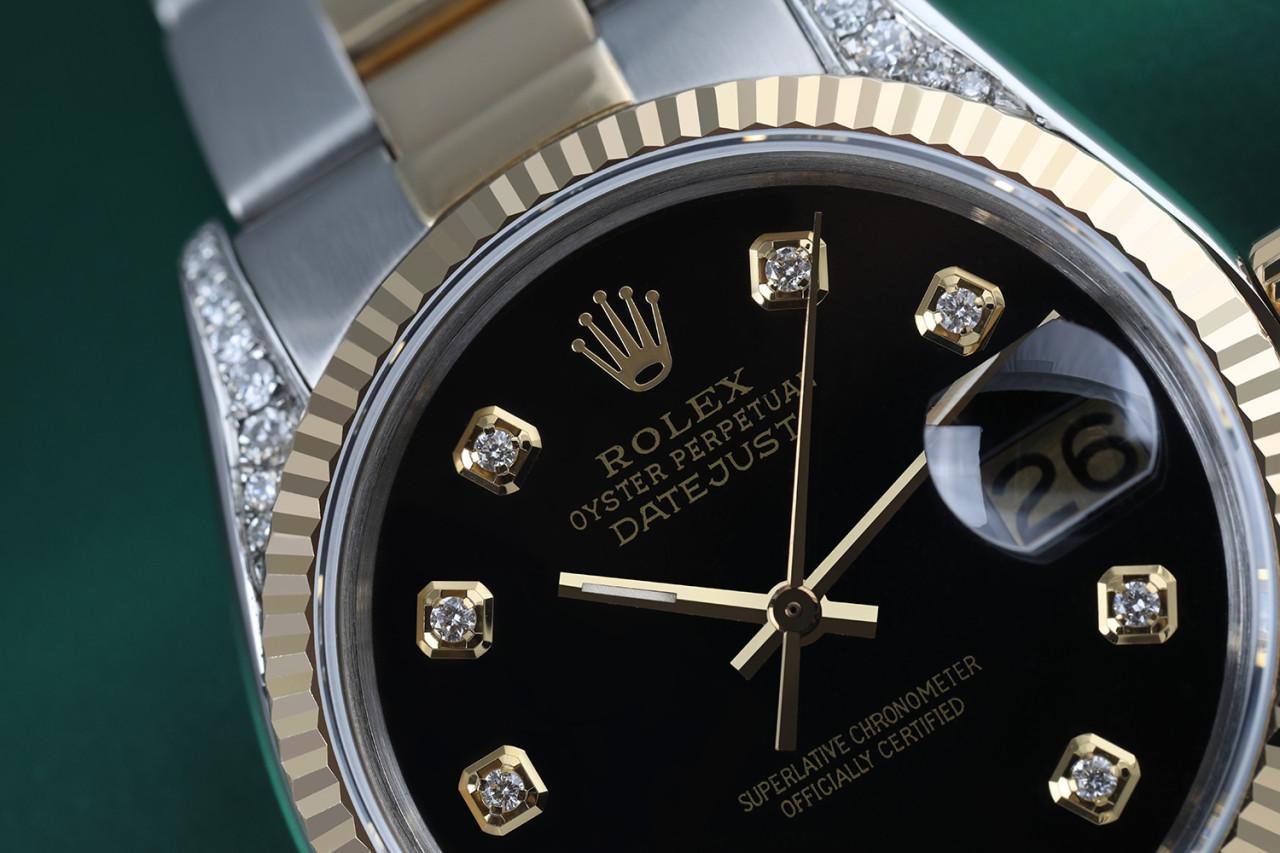 Men's Rolex 36mm Datejust 16013 Two Tone Black Color Dial with Diamond Accent+Lugs
