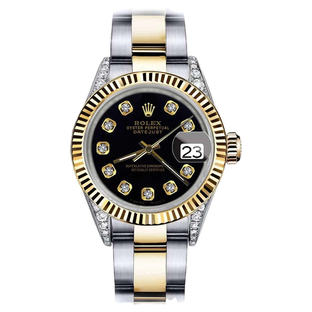 Rolex Datejust Two Tone Black Color Dial with Diamond Accent+Lugs For Sale