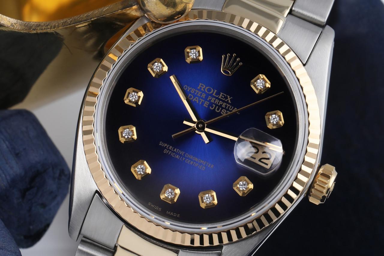 Taille ronde Rolex Montre Datejust bicolore bleu Vignette avec cadran en diamant 16013 en vente