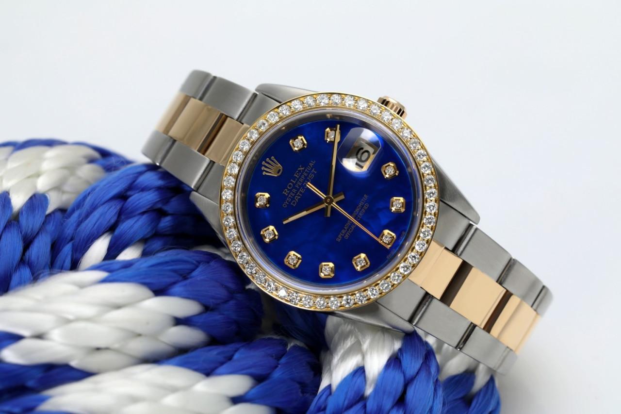 Rolex Montre Datejust bicolore en nacre bleue traitée MOP Excellent état - En vente à New York, NY