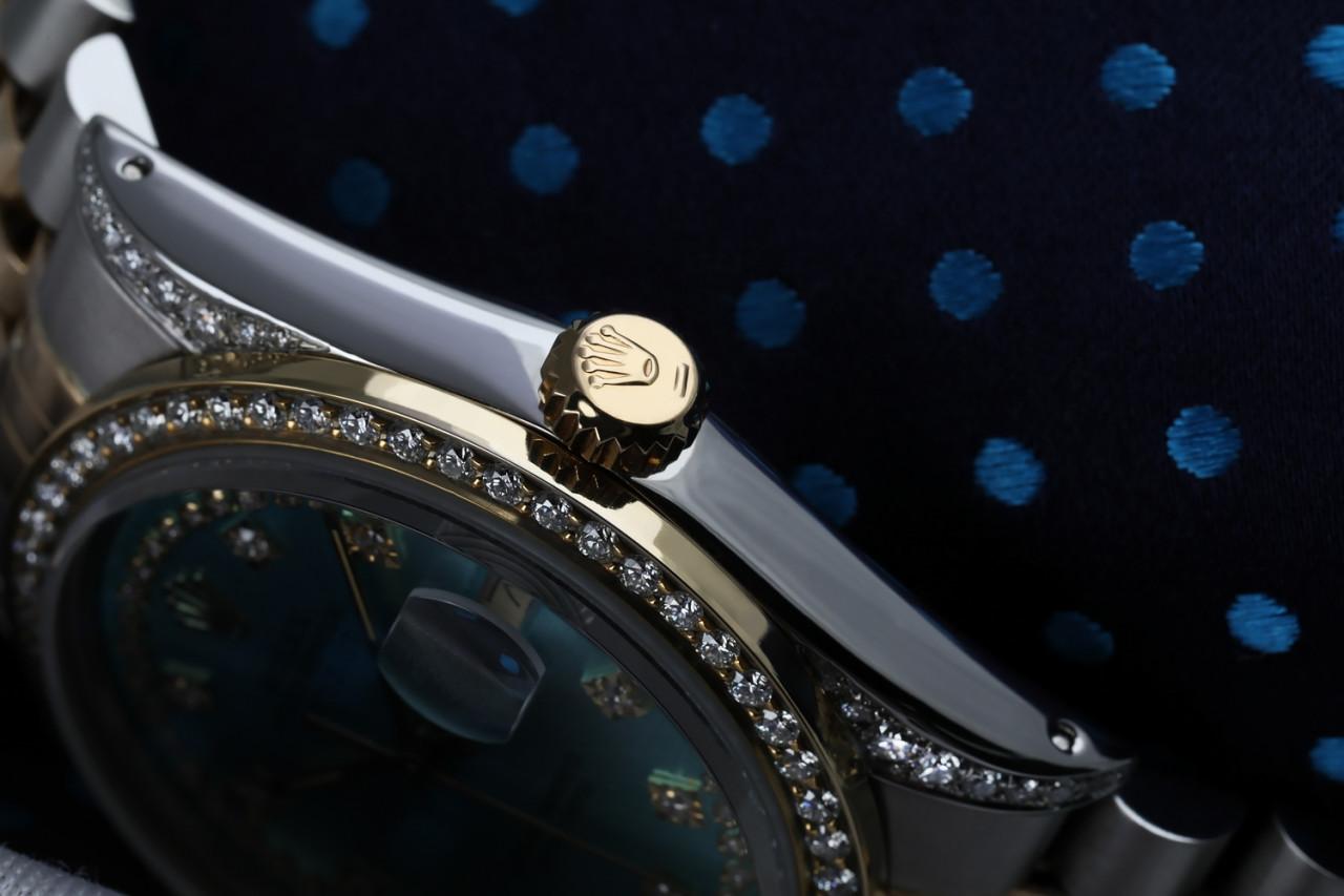 Taille ronde Rolex Montre Datejust avec lunette bicolore et cadran à cornes en diamant bleu glace 16013 en vente