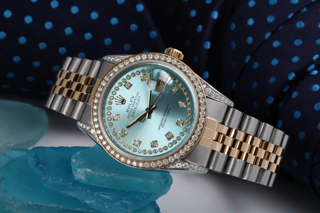 Rolex Montre Datejust avec lunette bicolore et cadran à cornes en diamant bleu glace 16013 Pour hommes en vente