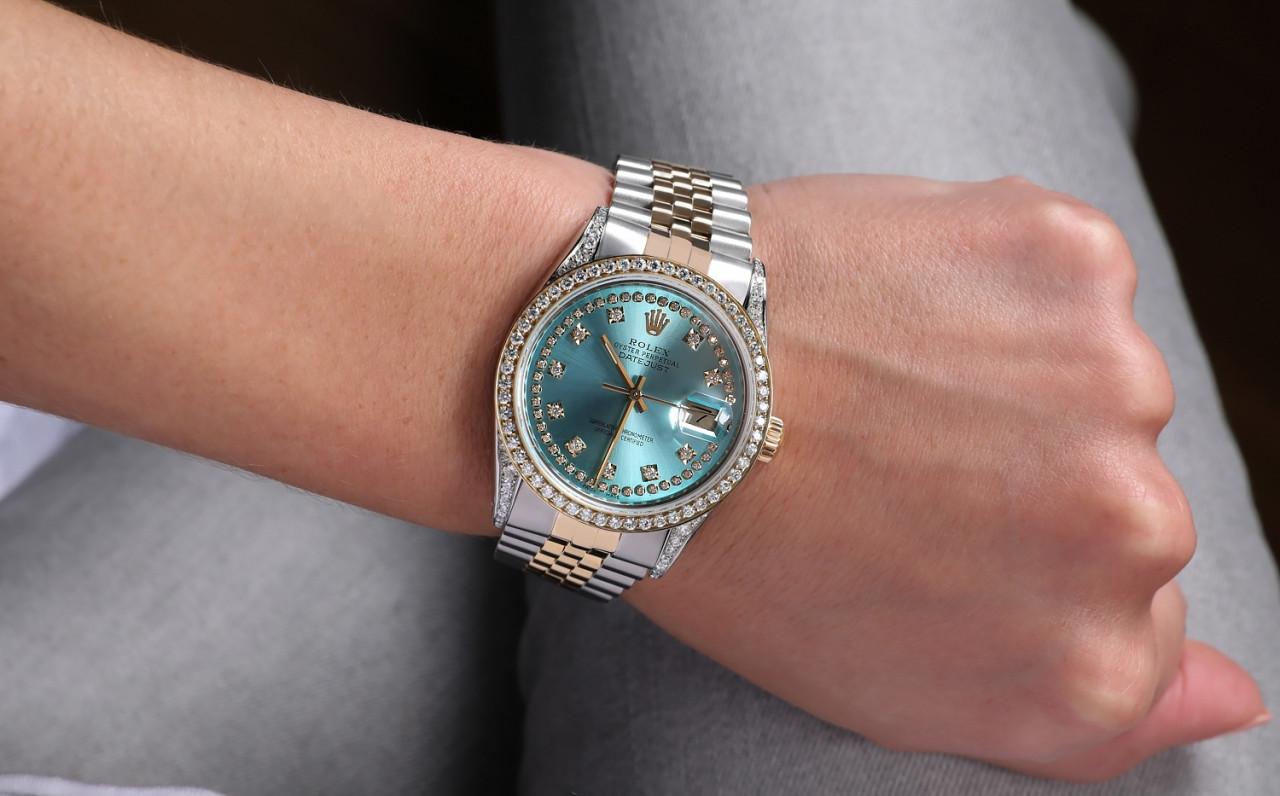 Rolex Montre Datejust avec lunette bicolore et cadran à cornes en diamant bleu glace 16013 en vente 4