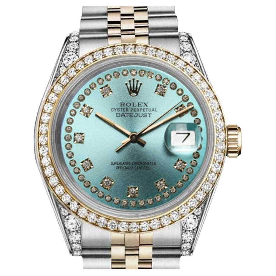 Rolex Datejust Two Tone Diamond Bezel & Lugs Ice Blue String Diamond Dial 16013