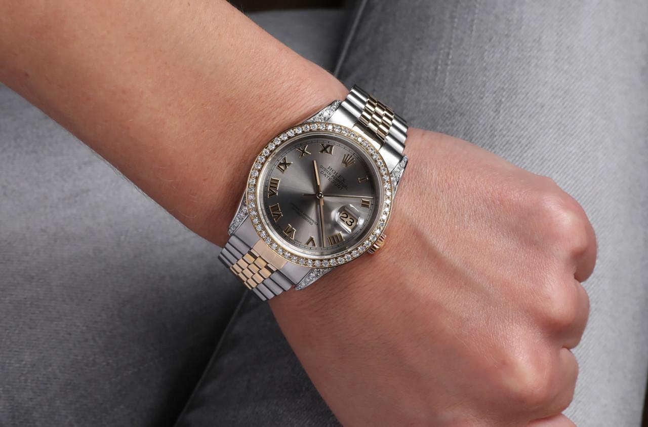 Rolex Montre Datejust bicolore avec lunette et cadran à chiffres romains gris ardoise en vente 5