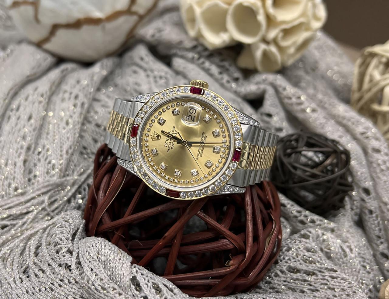 Men's Rolex 36mm Datejust 16013 Two Tone Jubilee Champagne Color String Diamond Accent Dial Bezel + Lugs + Rubies Luxury Watch
