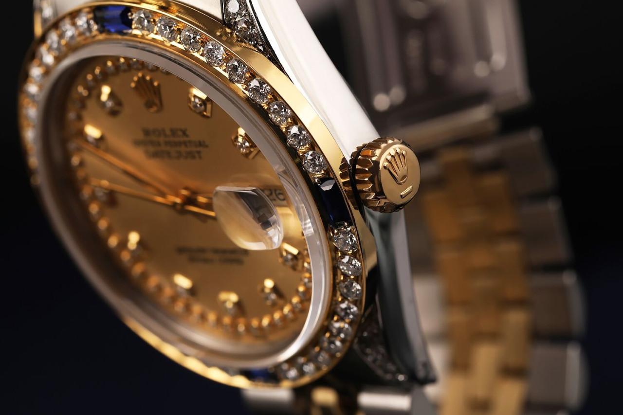 Taille ronde Rolex Montre Datejust bicolore couleur champagne avec cadran orné de diamants en vente