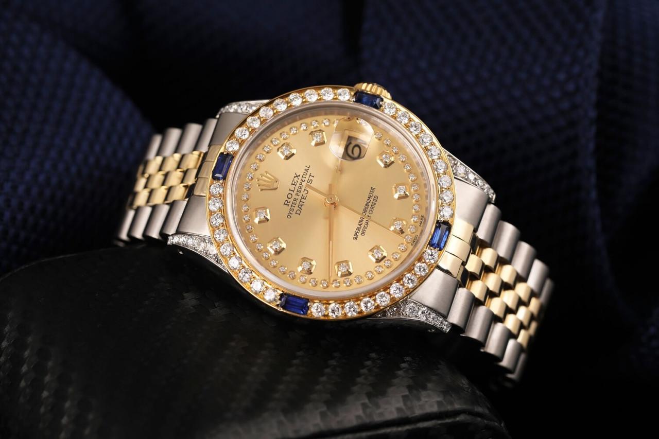 Rolex Montre Datejust bicolore couleur champagne avec cadran orné de diamants Excellent état - En vente à New York, NY
