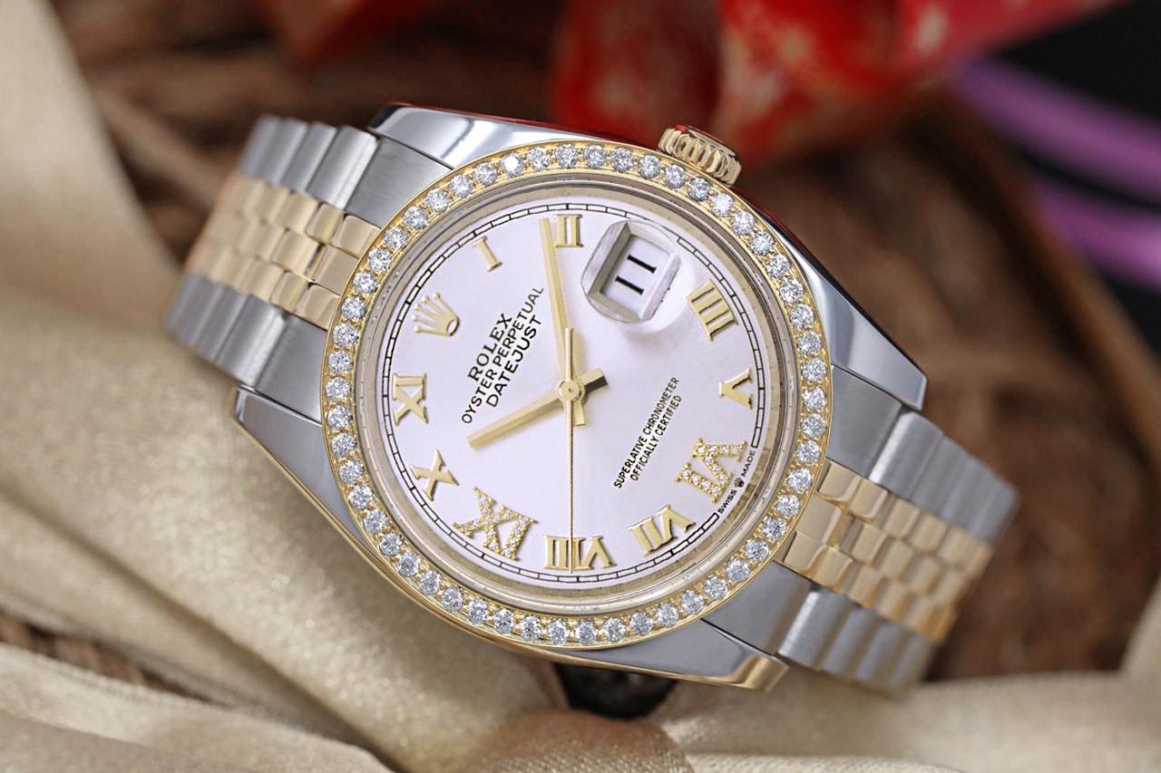 Rolex 36mm Datejust White Diamond Roman Dial with Diamond Bezel Two Tone Watch Jubilee Hidden Clasp 116233

This watch is in perfect condition. It has been polished, professionally serviced and has no visible scratches or blemishes. Great option for