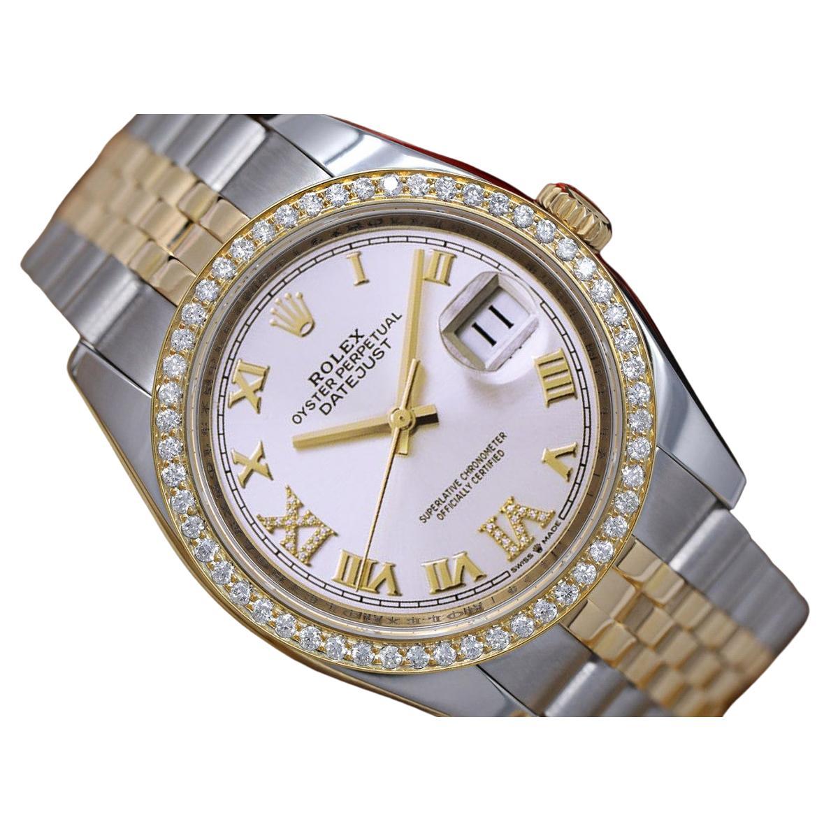 Rolex Datejust, montre bicolore avec cadran romain et lunette en diamants blancs