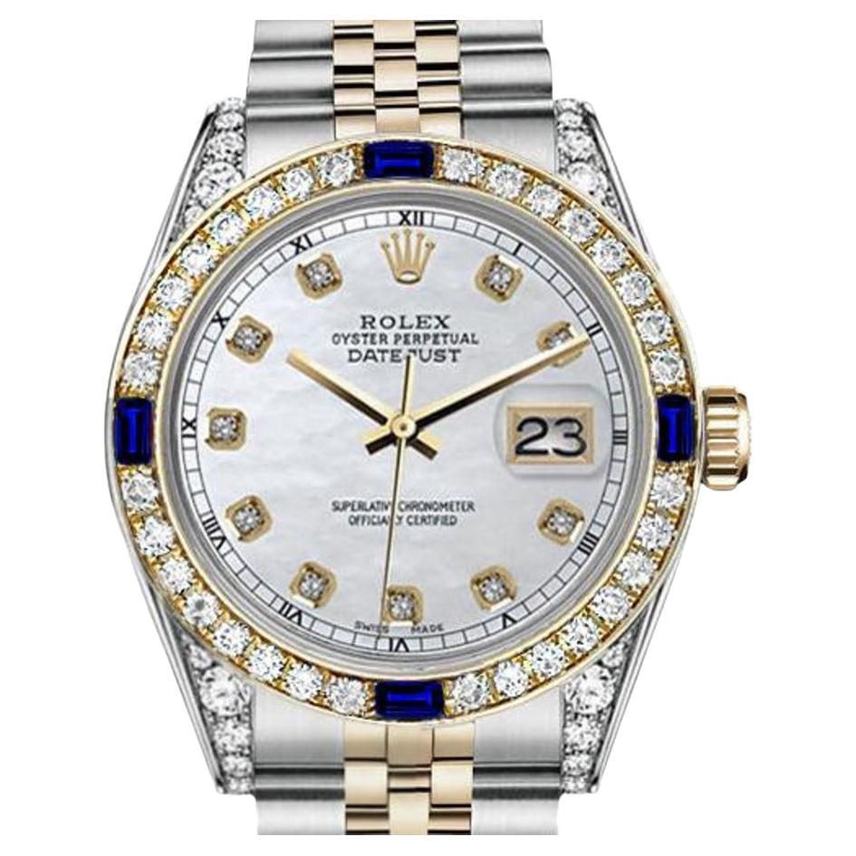 Rolex Montre Datejust avec cadran blanc MOP et lunette ornée de diamants + cornes et saphirs en vente