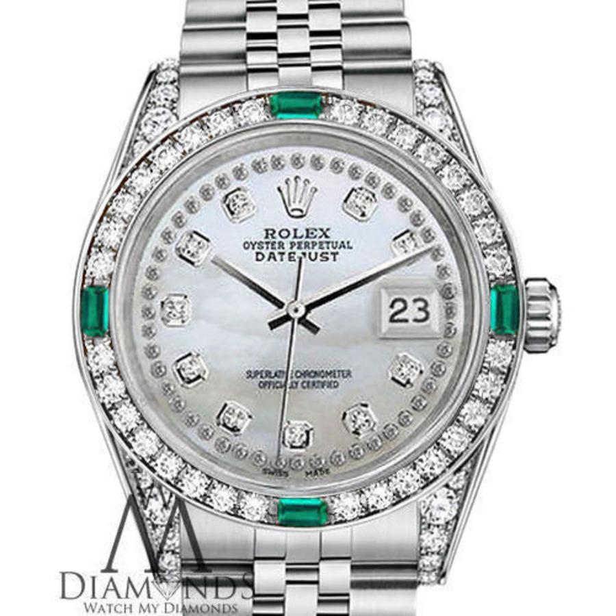Rolex 36mm Datejust White MOP String Diamond Dial with Diamond & Emerald Bezel & Diamond Lugs SS Watch 16014
