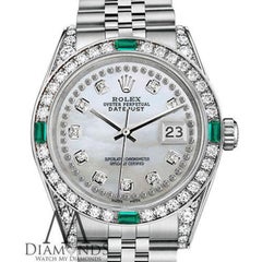 Rolex Datejust White MOP String Diamond Dial with Diamond & Emerald Bezel