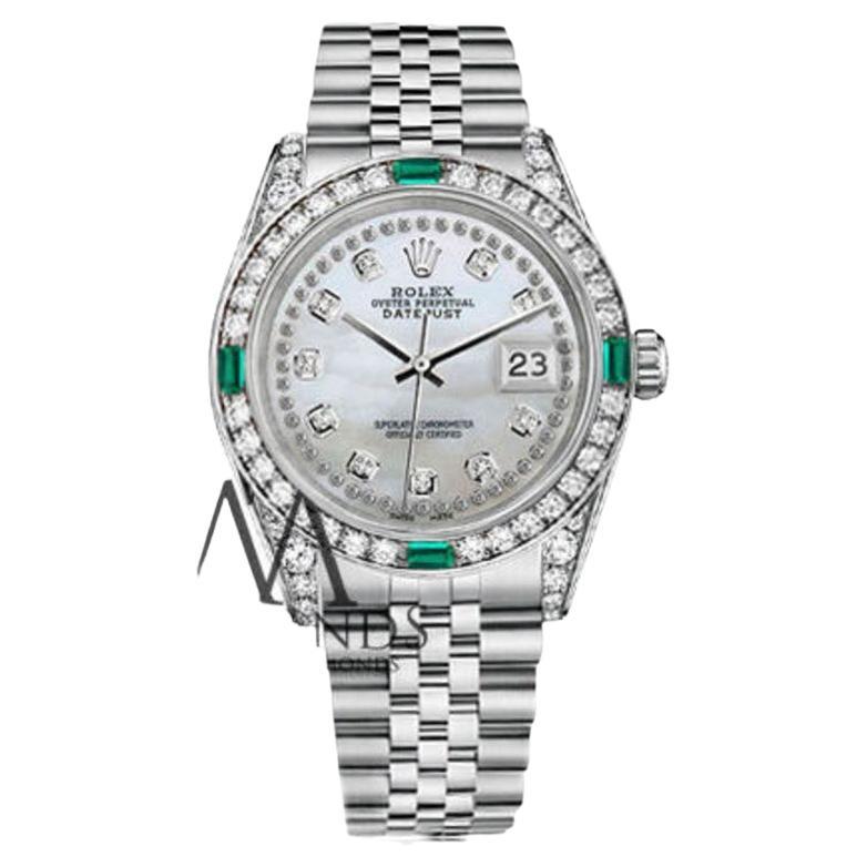 Rolex Datejust White MOP String Diamond Dial with Diamond & Emerald Bezel For Sale