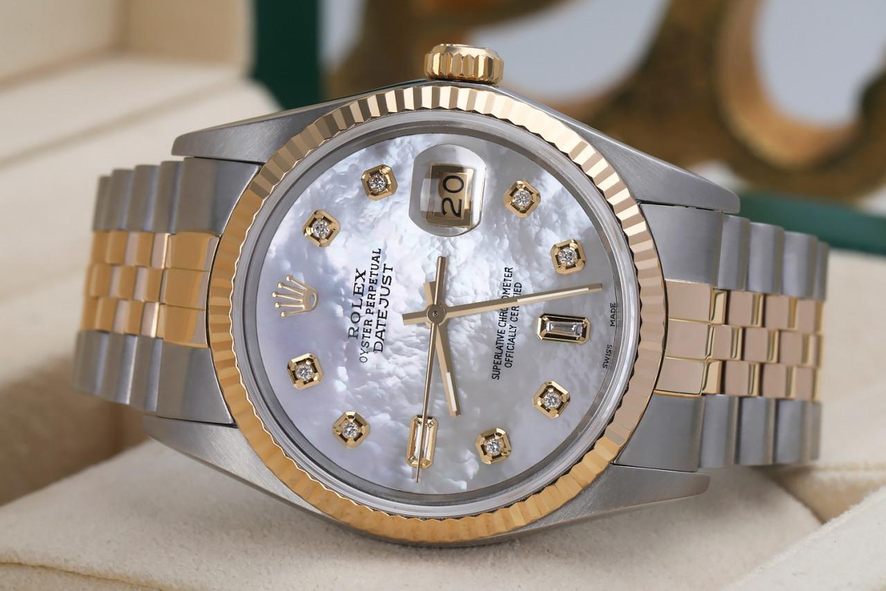 Round Cut Rolex Datejust White Mother of Pearl with Baguette & Round Diamond Dial For Sale