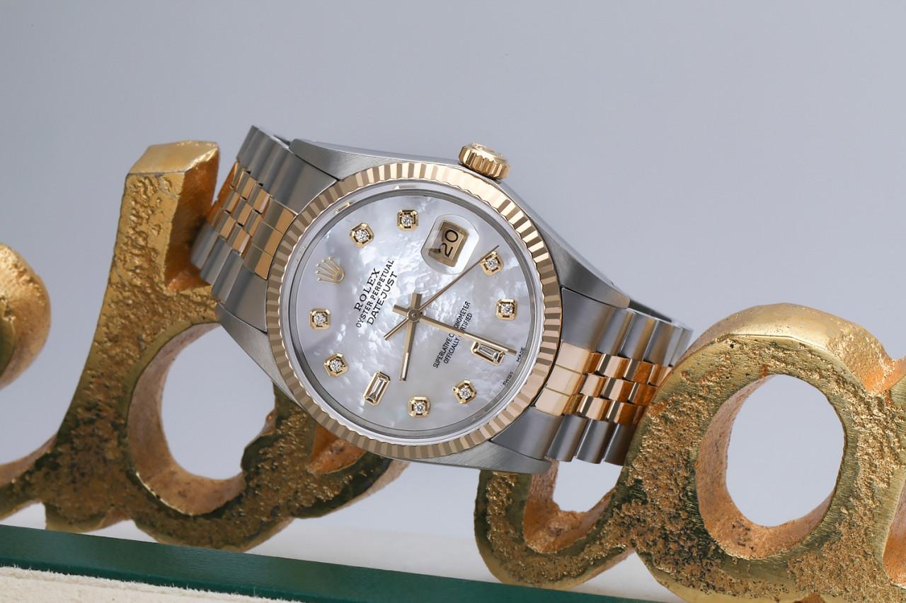 Round Cut Rolex Datejust White Mother of Pearl with Baguette & Round Diamond Dial For Sale