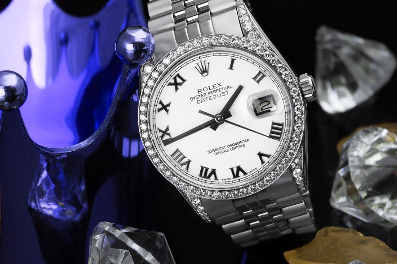 Rolex Datejust White Roman Dial Diamond Bezel/Lugs Steel Jubilee Watch In Excellent Condition For Sale In New York, NY
