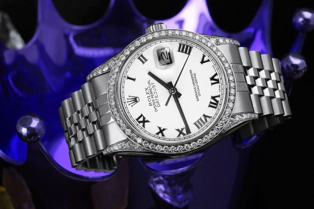 Rolex Montre datejust en acier avec cadran romain blanc 36 mm et lunette en diamants en vente 1
