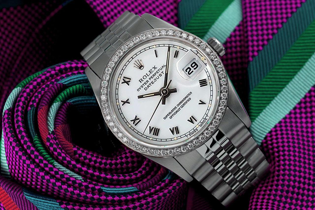 Rolex Datejust White Roman Dial Diamond Bezel Steel Watch In Excellent Condition For Sale In New York, NY