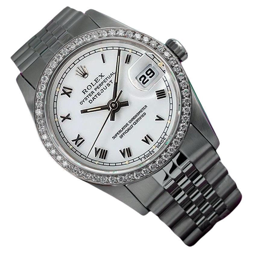 Rolex Datejust White Roman Dial Diamond Bezel Steel Watch For Sale