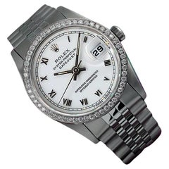 Rolex Datejust White Roman Dial Diamond Bezel Steel Watch