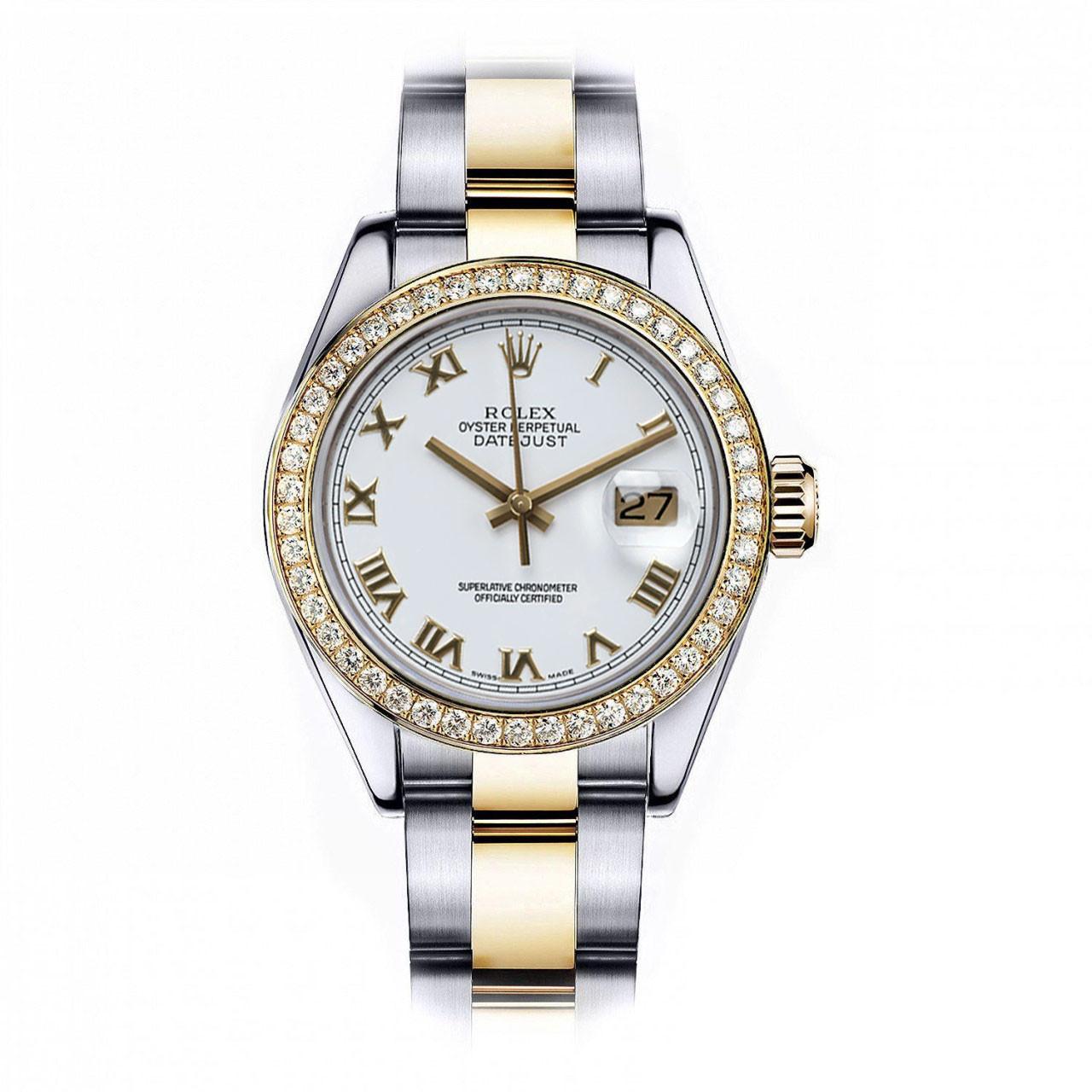 Rolex Datejust White Roman Dial Diamond Bezel Two Tone Oyster Band Watch In Excellent Condition For Sale In New York, NY
