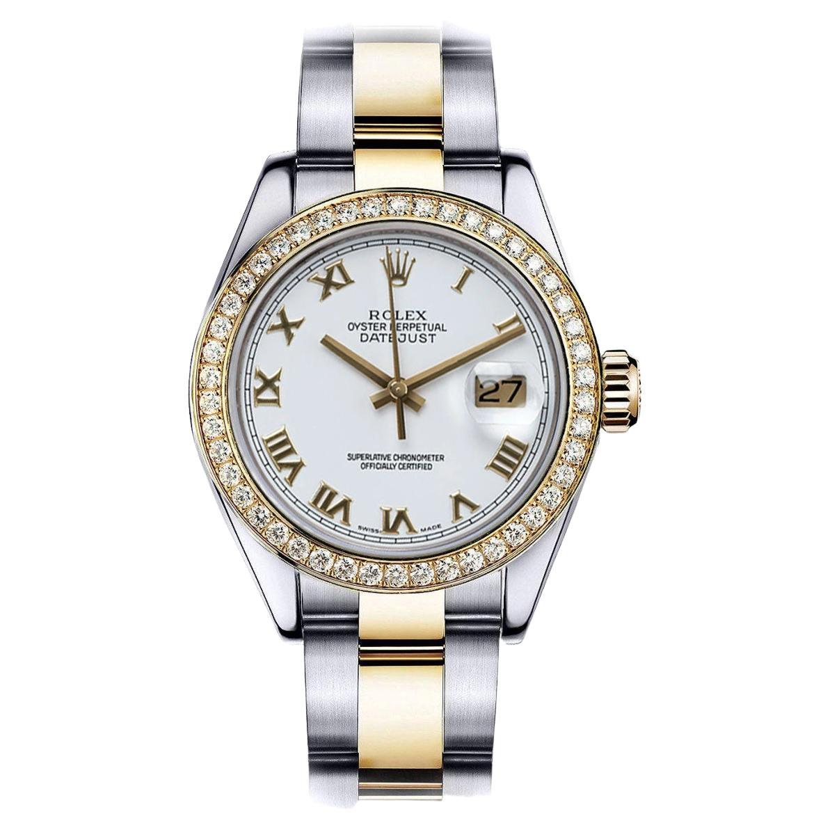 Rolex Datejust White Roman Dial Diamond Bezel Two Tone Oyster Band Watch For Sale