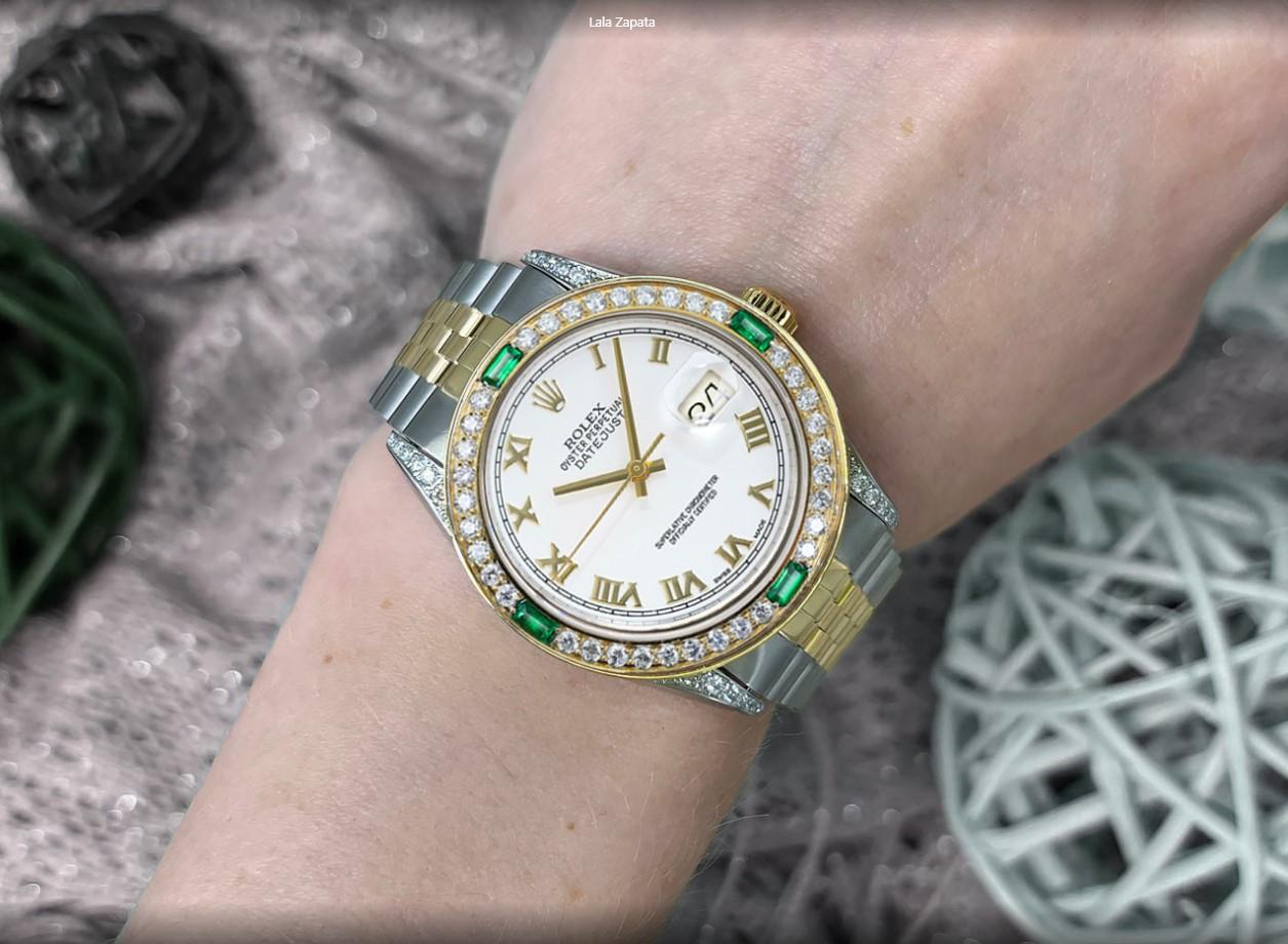 Rolex Datejust White Roman Dial Diamond Lugs Diamond/Emerald Bezel Two Tone In Excellent Condition For Sale In New York, NY