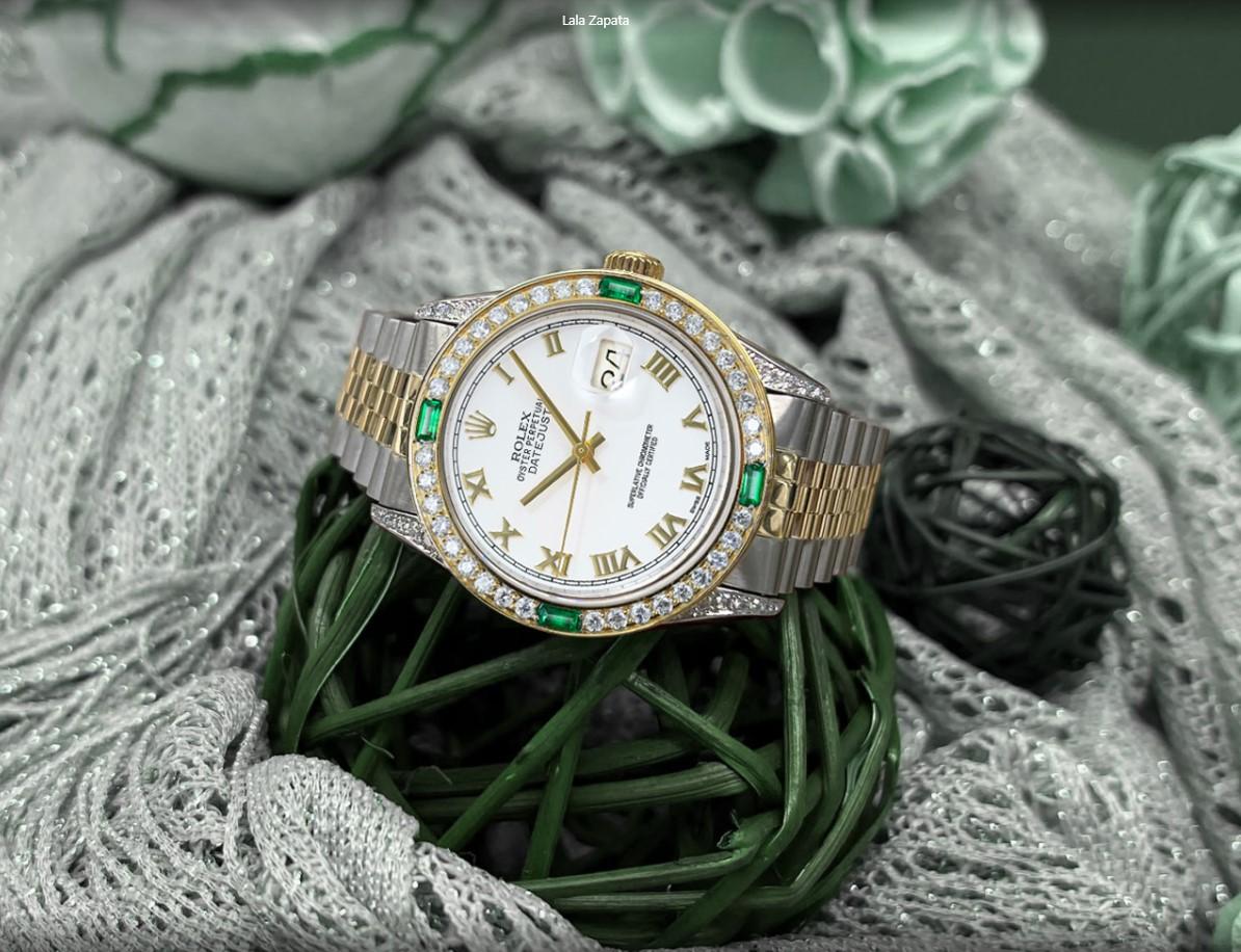 Women's or Men's Rolex Datejust White Roman Dial Diamond Lugs Diamond/Emerald Bezel Two Tone For Sale