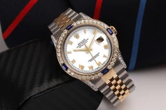 Rolex Datejust White Roman Dial Sapphire/Diamond Bezel Two Tone Watch